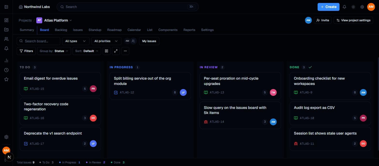 Sprint board showing To Do, In Progress, In Review and Done columns with story points and assignee avatars