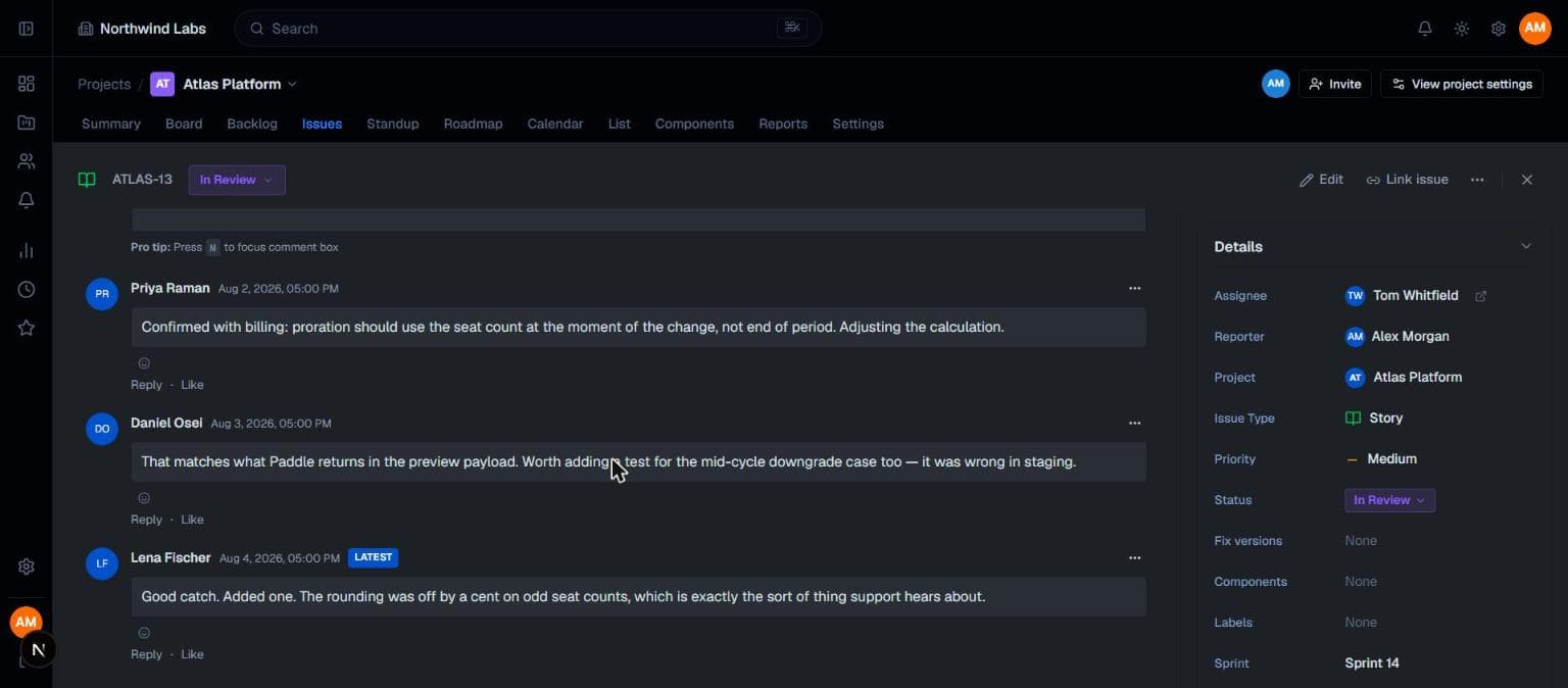 Comment thread on an issue with three teammates discussing an implementation detail