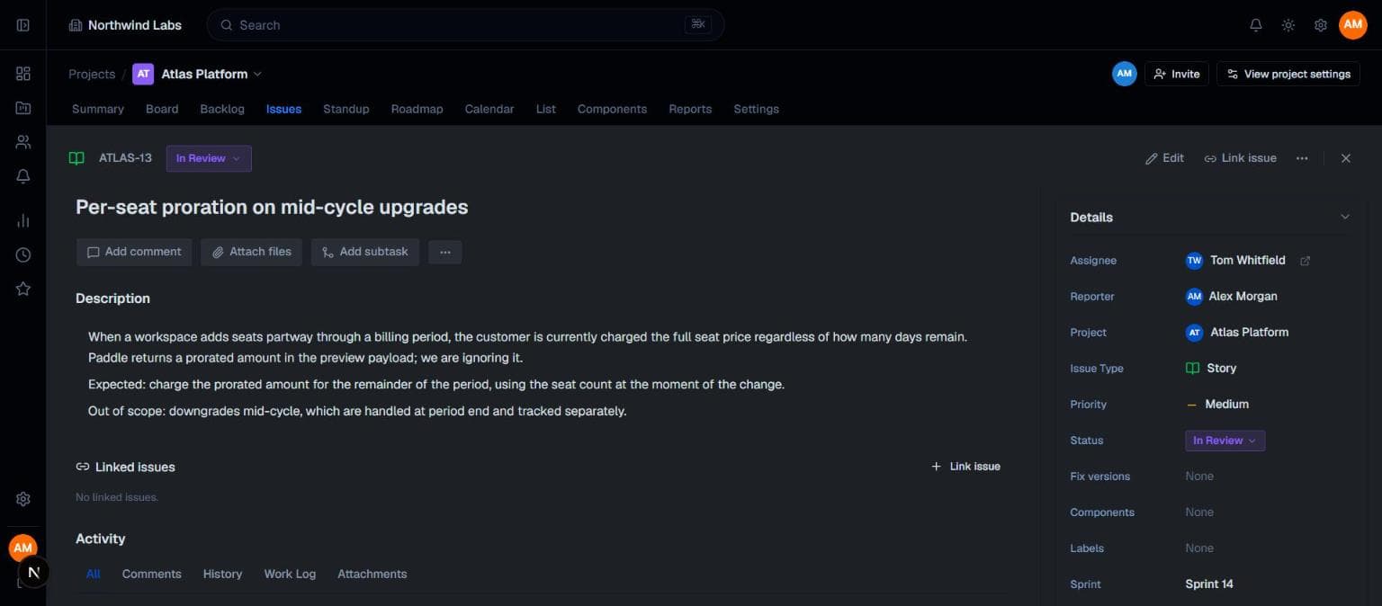 Issue detail view showing description, status, assignee, reporter, priority and sprint